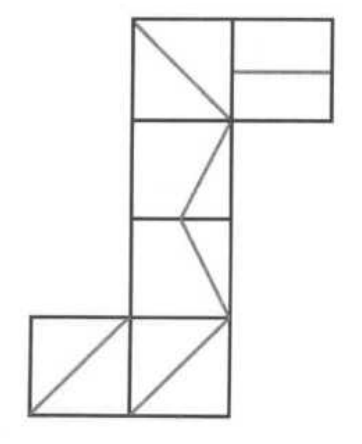 Abstrakte geometrische Linienzeichnung mit mehreren verbundenen Rechtecken und Diagonalen.